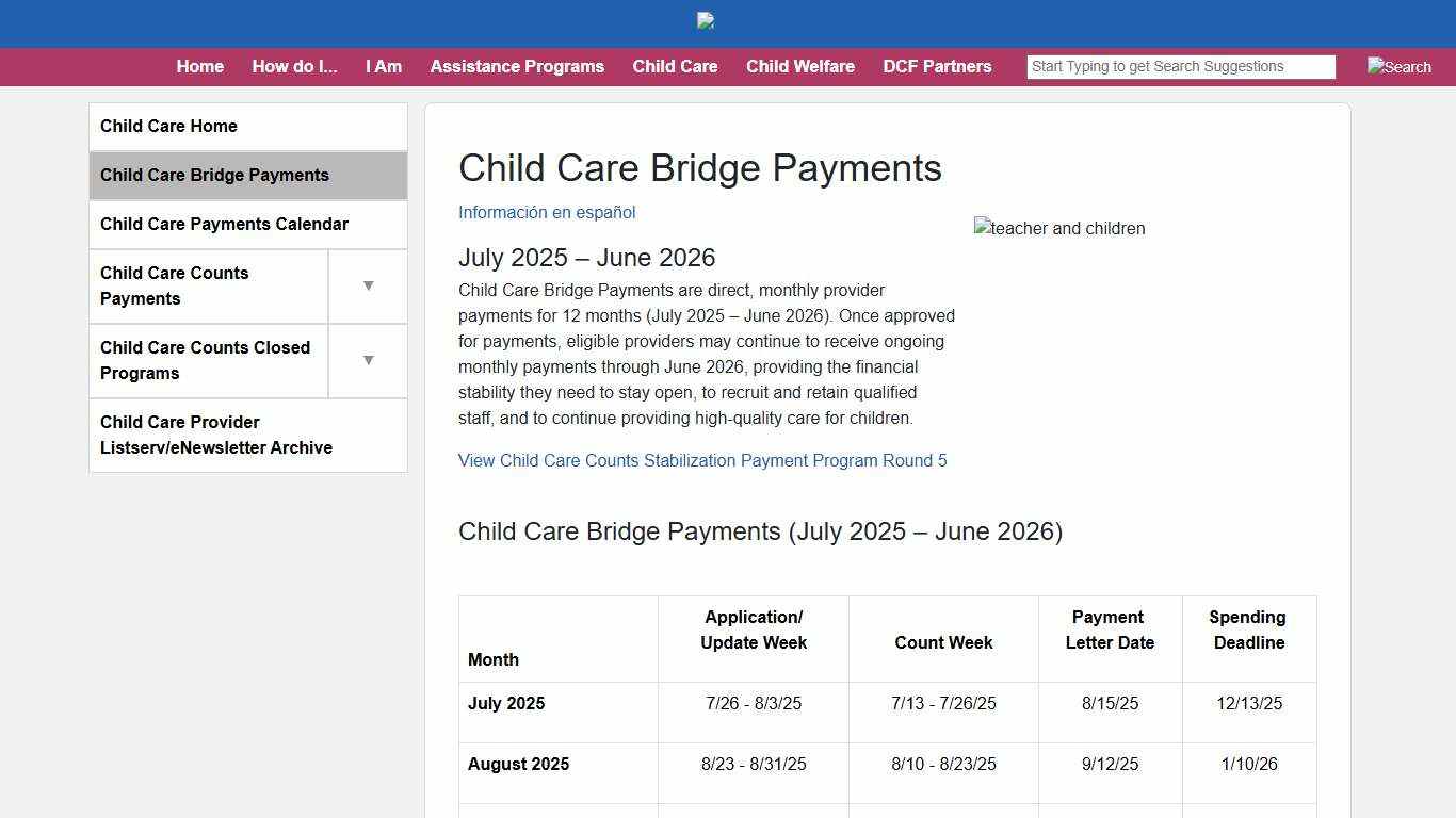 Child Care Bridge Payments - July 2025 - June 2026