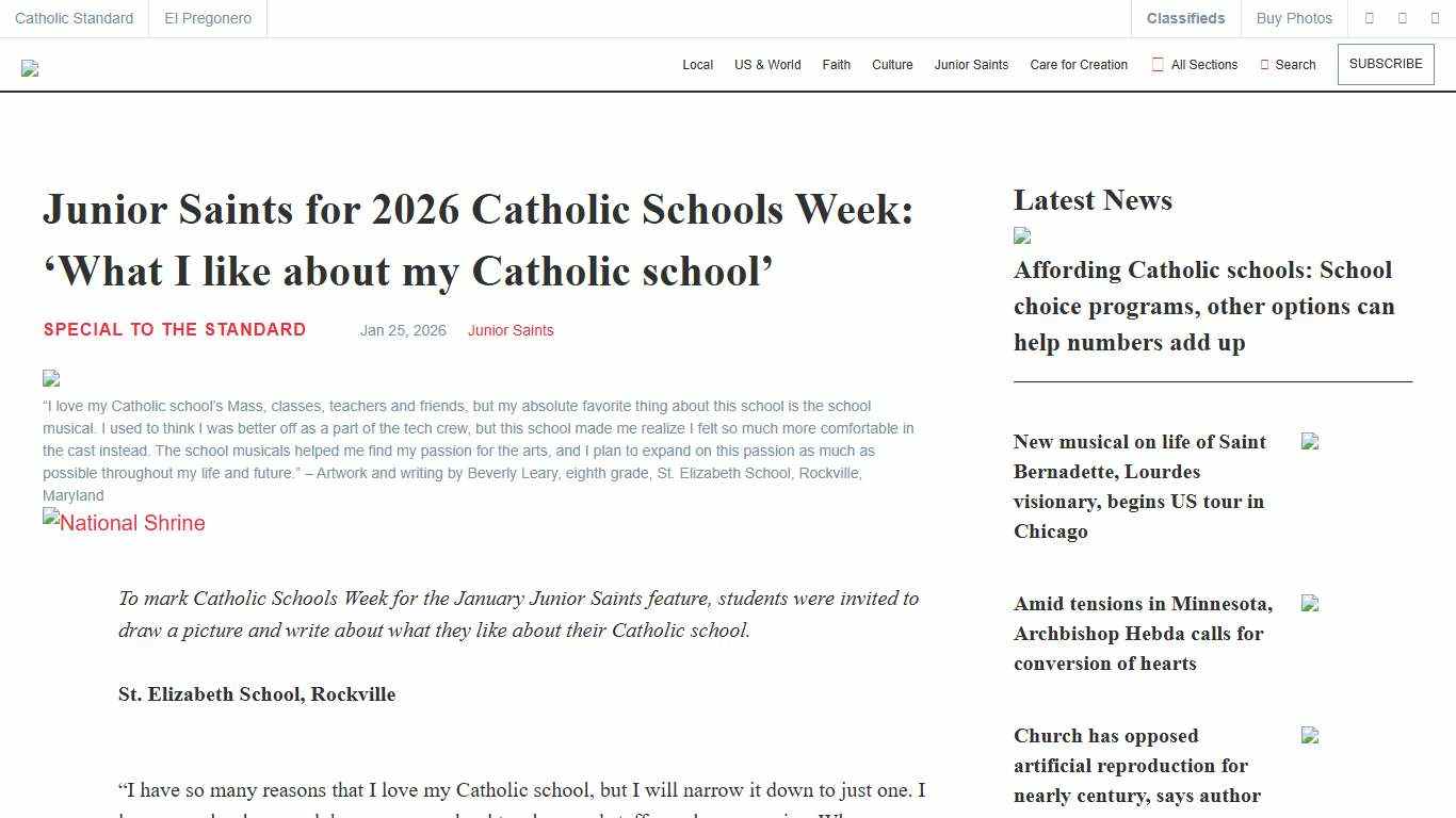 Junior Saints for 2026 Catholic Schools Week: ‘What I like about my Catholic school’ - Catholic Standard