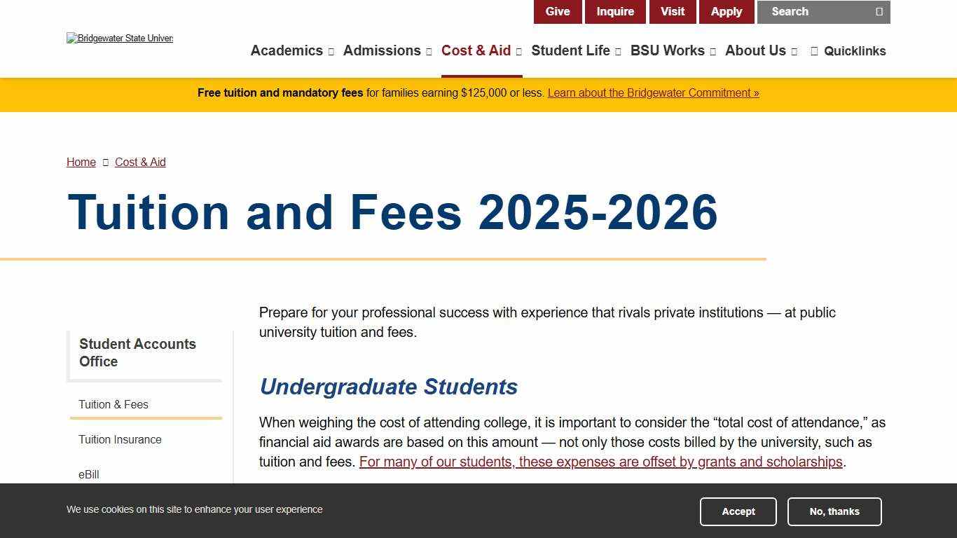 Tuition and Fees 2025-2026 Bridgewater State University